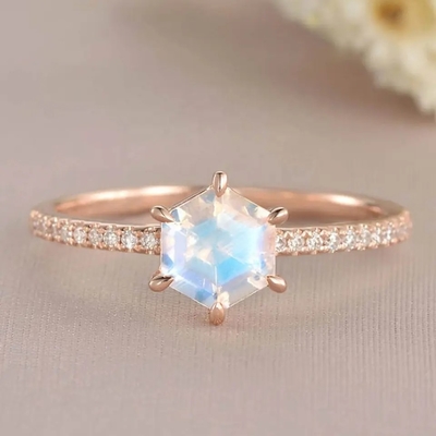 Обручальное кольцо Moonstone ювелирных изделий свадьбы розового шестиугольника золота форменное