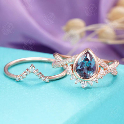Стерлинговый серебряный набор обручального кольца Alexandrite золота Роза обручального кольца года сбора винограда формы груши 925