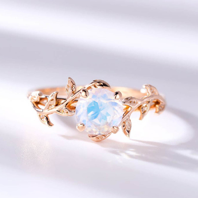 14K подняло обручальные кольца Moonstone золота листает отрезок круга цветка
