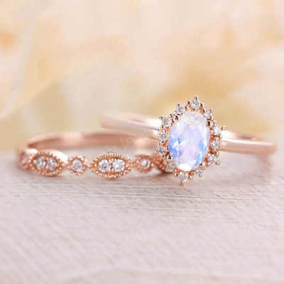Голубой естественный набор кольца Moonstone, 14K поднял Moonstone золота штабелируя кольца