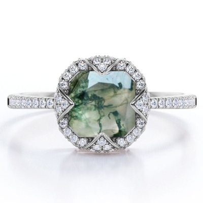 Группа Asscher шатона венчика отрезала непрозрачный Milky агат мха зеленый и Moissanite вымощает обручальное кольцо