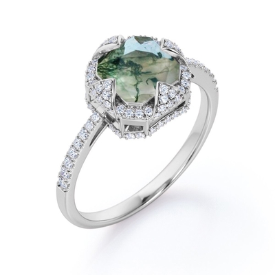 Группа Asscher шатона венчика отрезала непрозрачный Milky агат мха зеленый и Moissanite вымощает обручальное кольцо