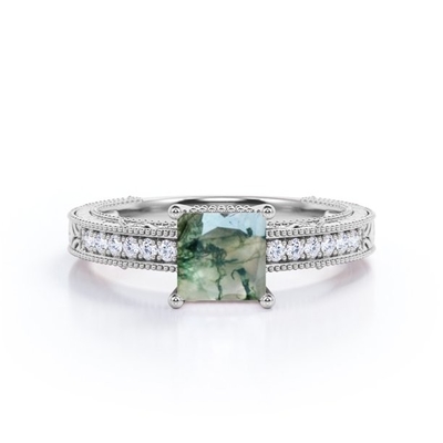 Викторианец зеленого агата мха Естественн Druzy принцессы Резать и границы Moissanite Milgrain вымощает обручальное кольцо