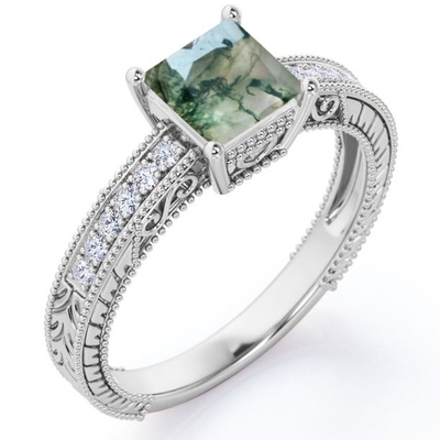 Викторианец зеленого агата мха Естественн Druzy принцессы Резать и границы Moissanite Milgrain вымощает обручальное кольцо