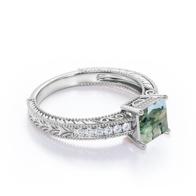 Викторианец зеленого агата мха Естественн Druzy принцессы Резать и границы Moissanite Milgrain вымощает обручальное кольцо