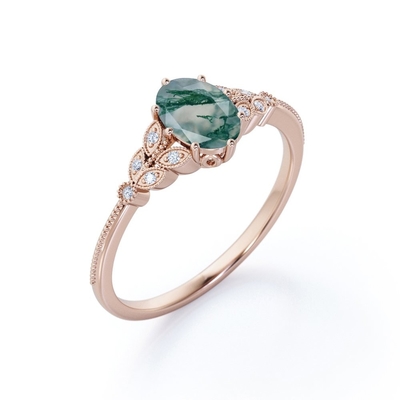 агат и Moissanite мха Milgrain Ovate естественный Druzy Marquise-формы филигранный зеленый связывают обручальное кольцо 6 Prong