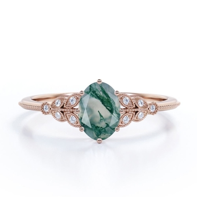 агат и Moissanite мха Milgrain Ovate естественный Druzy Marquise-формы филигранный зеленый связывают обручальное кольцо 6 Prong