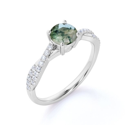 Круглые естественные агат и Moissanite мха Druzy зеленый вымощают переплетенное обручальное кольцо безграничности
