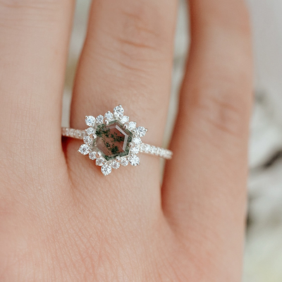Кольцо агата мха шестиугольника снежинки с Moissanites для женщин