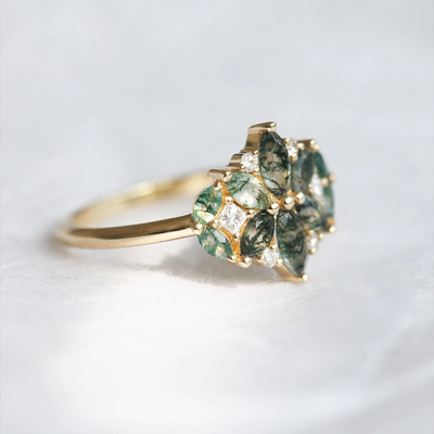 Естественное кольцо группы свадьбы CZ цветения Marquise формы цветка агата мха
