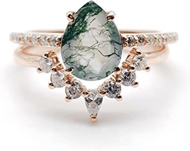 Шестиугольник отрезал кольцо Moissanite естественного года сбора винограда агата мха уникальное Bridal для стиля Арт Деко