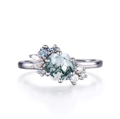 Шестиугольник отрезал кольцо Moissanite естественного года сбора винограда агата мха уникальное Bridal для стиля Арт Деко