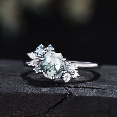 Шестиугольник отрезал кольцо Moissanite естественного года сбора винограда агата мха уникальное Bridal для стиля Арт Деко