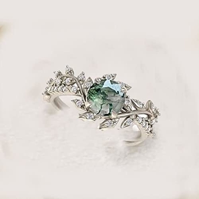 Лист формируют стерлинговое серебряное обручальное кольцо Mossagate разбивочного камня 925 Bridal