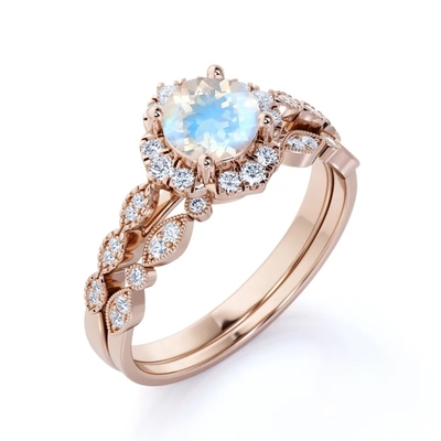 Новые обручальных колец Moonstone стиля 925 стерлинговый серебряный набор обручального кольца Moonstone голубых круглый