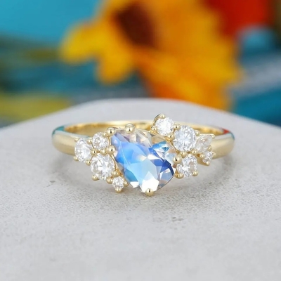 подарок годовщины обещания желтого золота 14K Bridal античный для обручального кольца Moonstone груши женщин форменного