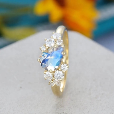 подарок годовщины обещания желтого золота 14K Bridal античный для обручального кольца Moonstone груши женщин форменного