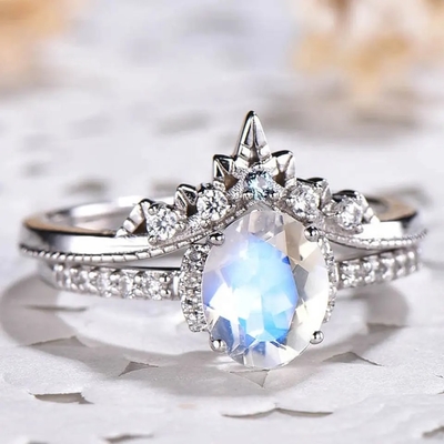 Стиля Арт Деко Moonstone белого золота обручальное кольцо овального уникальное установило стерлинговый серебр 925