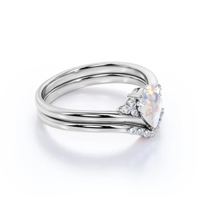 Груша золота S925 естественная формирует набор свадьбы Boho кольца Moonstone радуги Cz