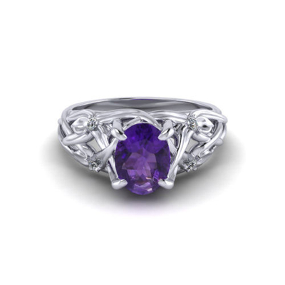 Флористическое кольцо в белом золоте 14k, аметист аметиста 6x8mm, диамант .06cttw