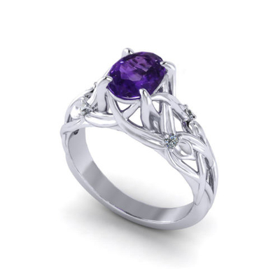 Флористическое кольцо в белом золоте 14k, аметист аметиста 6x8mm, диамант .06cttw