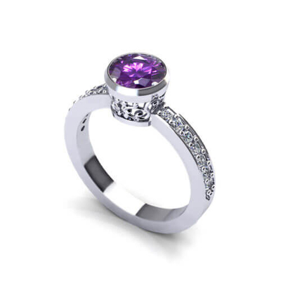 Флористическое кольцо в белом золоте 14k, аметист аметиста 6x8mm, диамант .06cttw