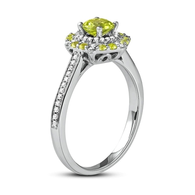 Зеленый Peridot &amp; кольцо 1/6 CZ золото ct tw 10K белое в серебре