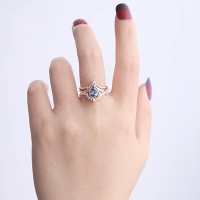 Стерлинговый серебряный набор обручального кольца Alexandrite золота Роза обручального кольца года сбора винограда формы груши 925