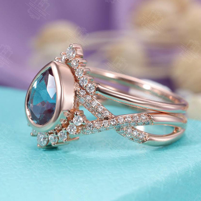 Стерлинговый серебряный набор обручального кольца Alexandrite золота Роза обручального кольца года сбора винограда формы груши 925