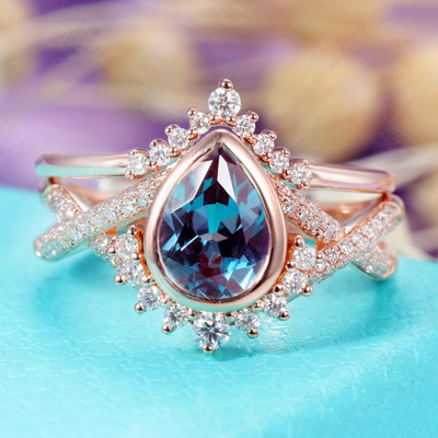 Стерлинговый серебряный набор обручального кольца Alexandrite золота Роза обручального кольца года сбора винограда формы груши 925