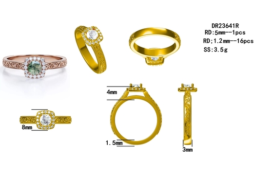 Винтажное голубое зеленое кольцо 14K агата мха S925 подняло покрытые золотом белые ювелирные изделия CZ