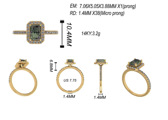 Украшения чистого золота OV6X8mm 14K, обручальное кольцо диаманта карата прямоугольника 1,3