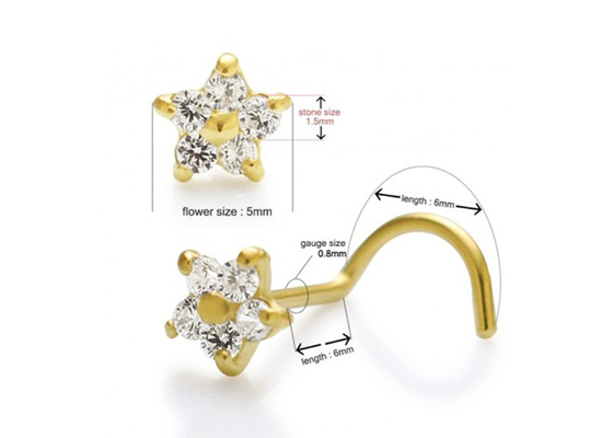 Цветок формирует стержень носа диаманта золота 18k с 1.5mm 0.07ct диаманты 4 частей неподдельные